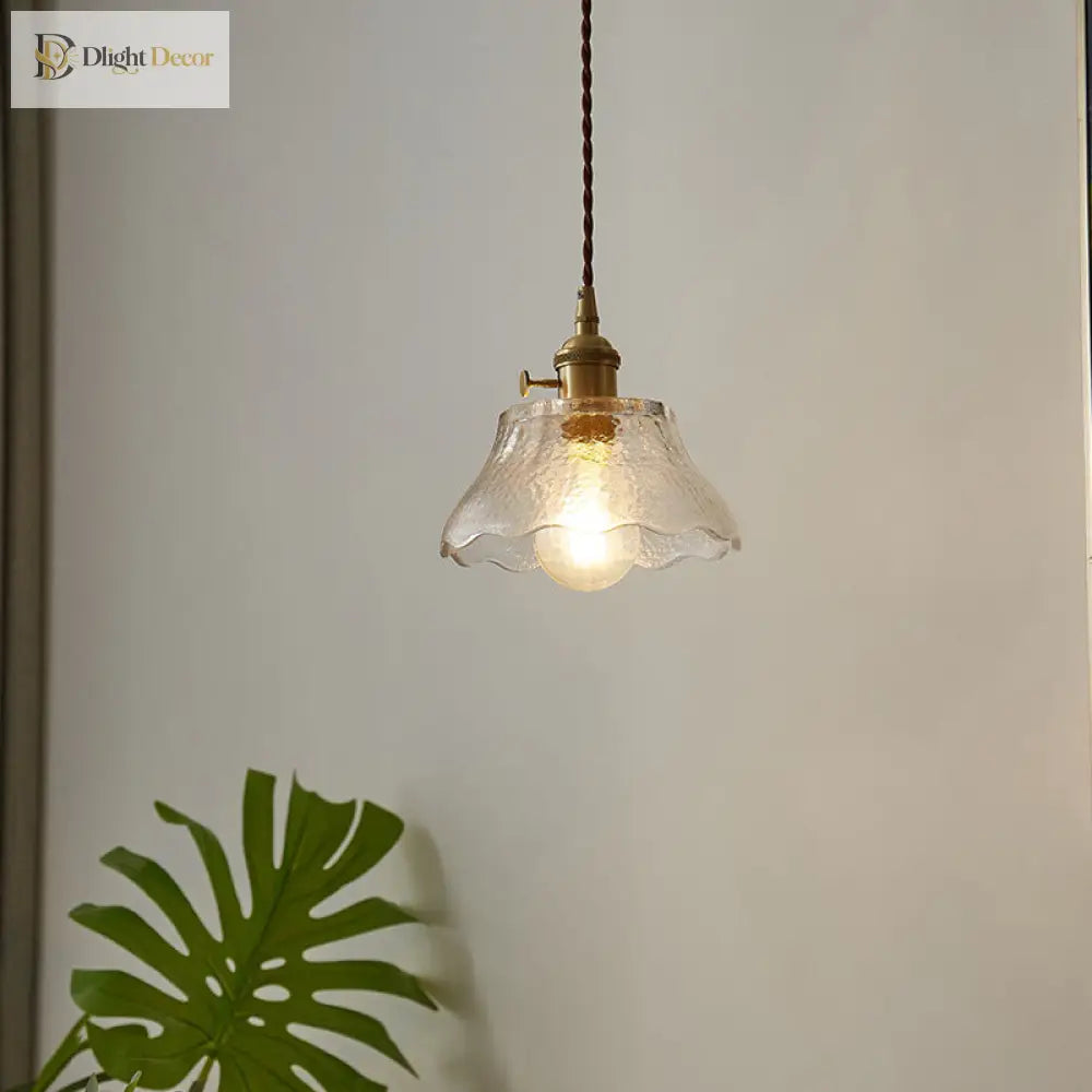 Modern Farmhouse Brass Scalloped 1 - Light Suspension Lamp With Water Glass: Hanging Light