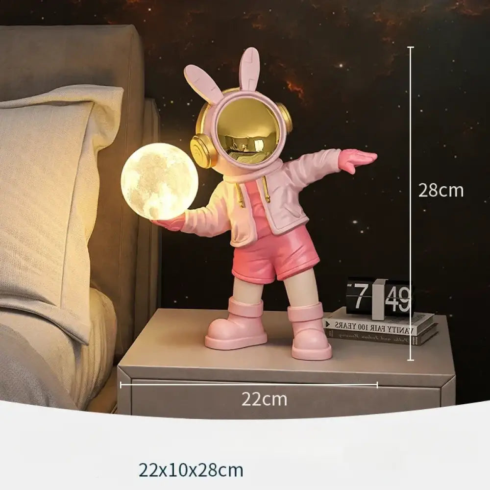 Bunny Astronaut Moon Lamp, the desk sculpture that glows charms and steals the room 🐰🚀🌕 - Pink / 22X10X28cm - Night