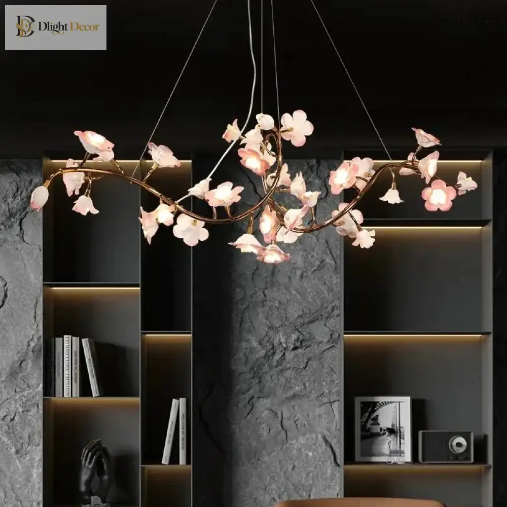 Ceramic flower chandelier with pink-white butterfly blossoms and gold metal ring frame