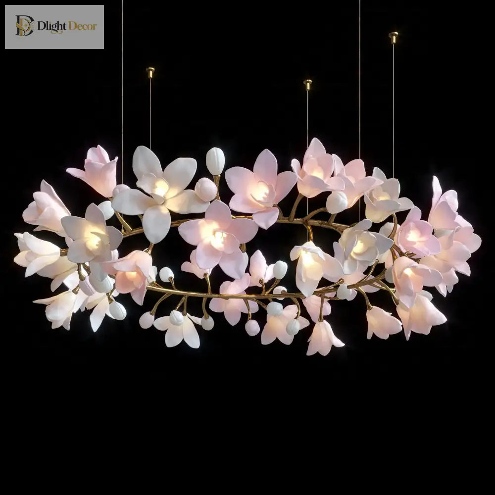 Ceramic flower chandelier with bright white glowing petals and antique gold metal network