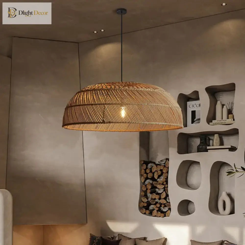 Chinoiserie Flat Rattan Pendant Light - Modern Handmade Creative Pattern Lamp For Living Rooms