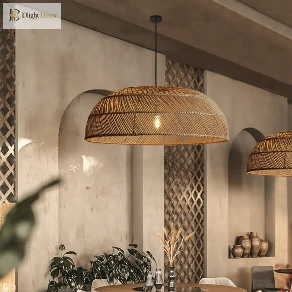 Chinoiserie Flat Rattan Pendant Light - Modern Handmade Creative Pattern Lamp For Living Rooms