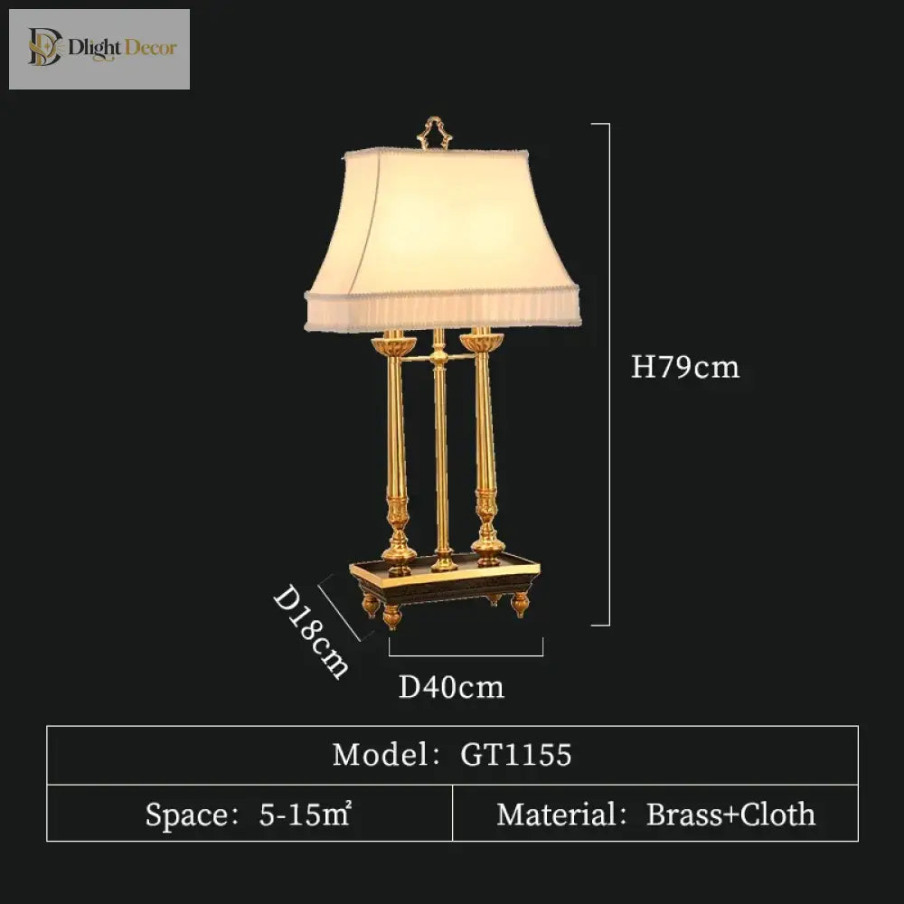 Brass LED desk lamp with beige shade and height/width measurement overlay