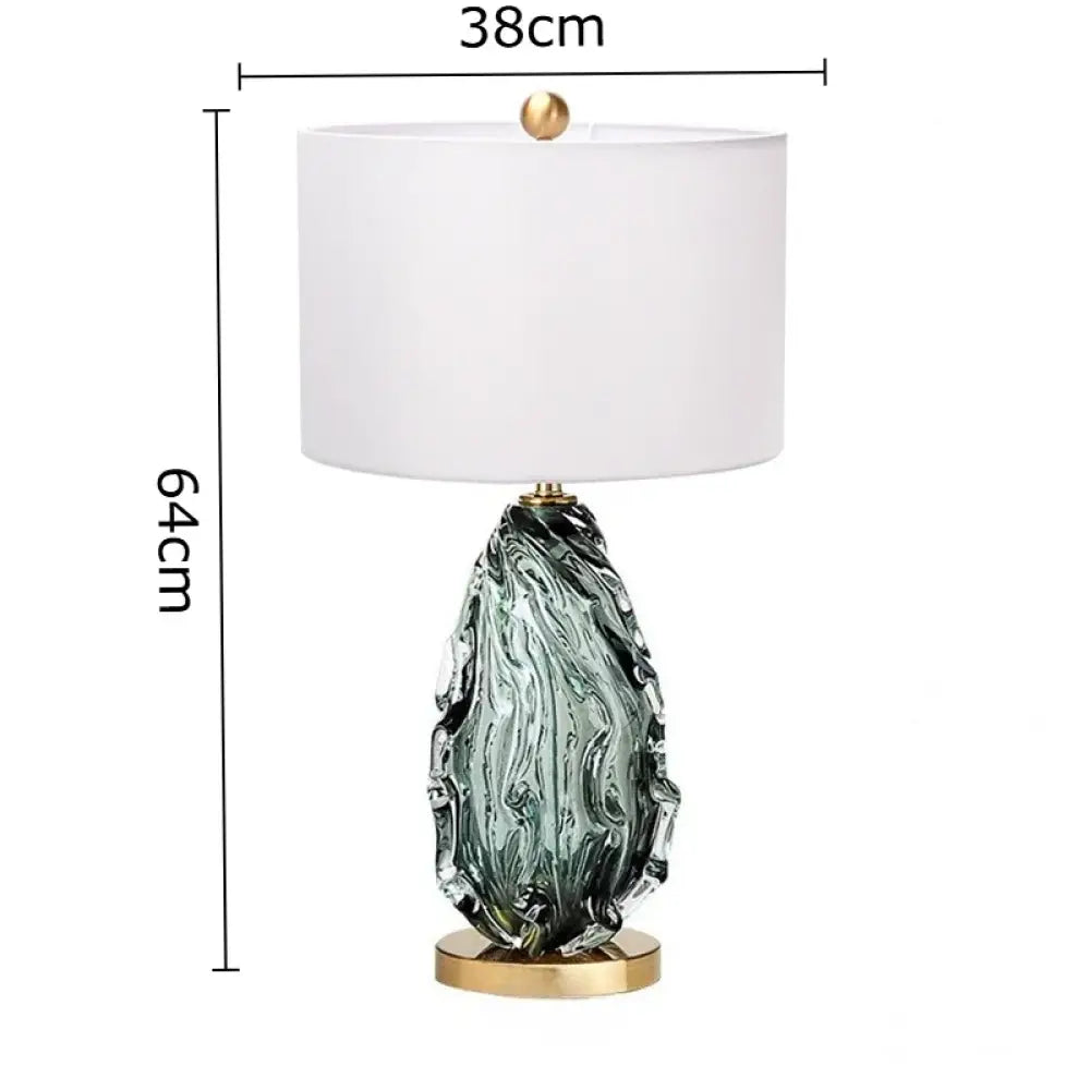 LED desk lamp with white drum shade and green crystal glass base, 64.5cm height