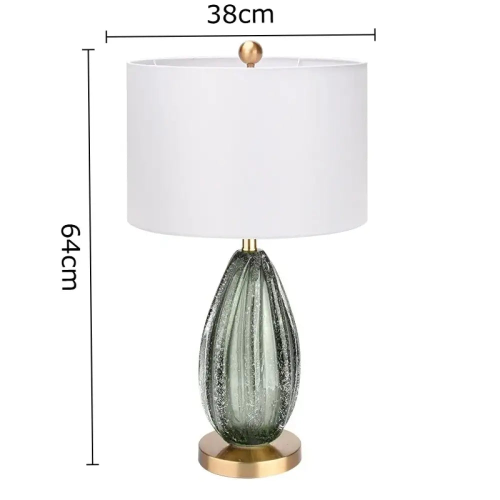 LED desk lamp with white drum shade and green crystal glass base, 64.5cm height