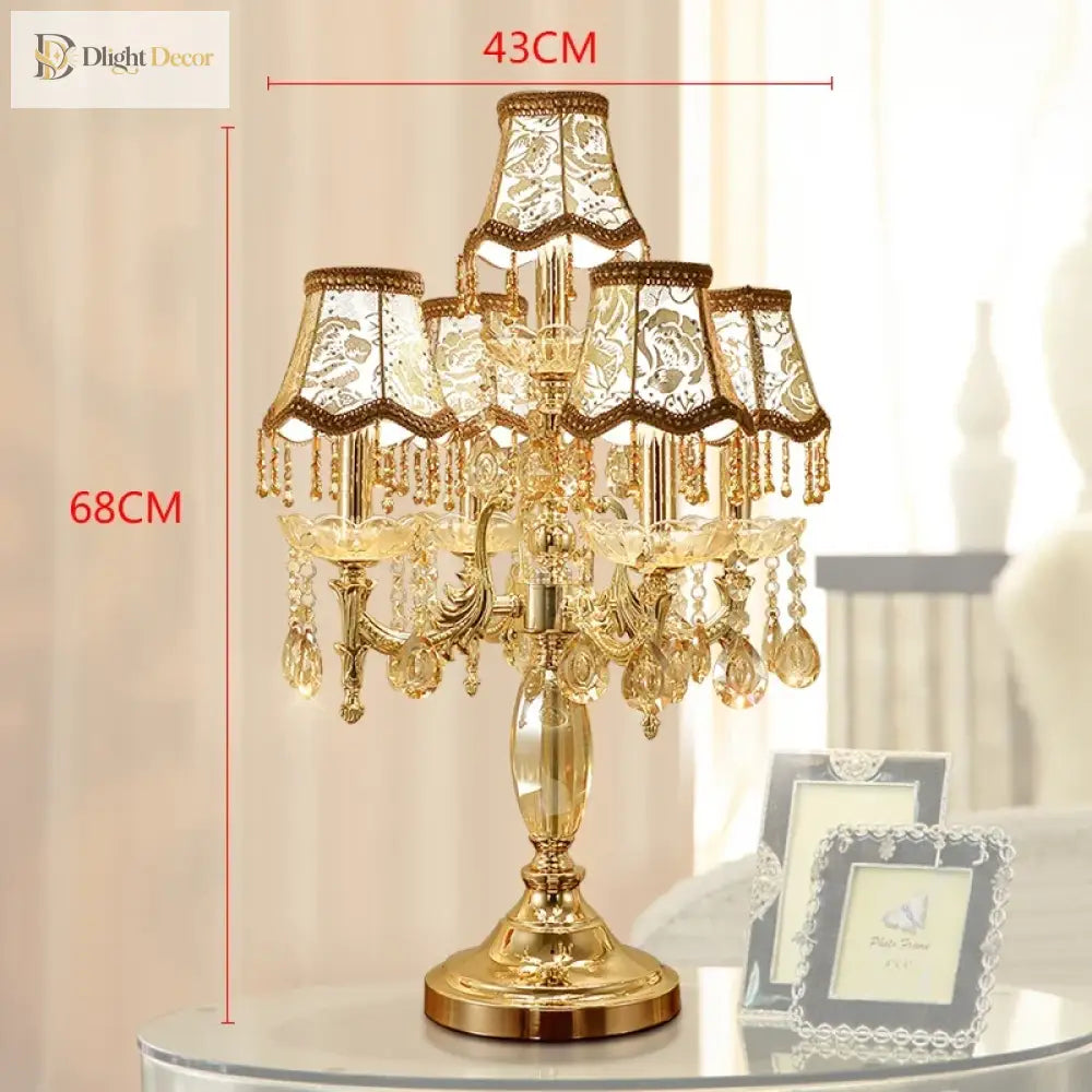 Gold crystal LED desk lamp with fabric shade chandelier design and crystal drops; 43cm tall