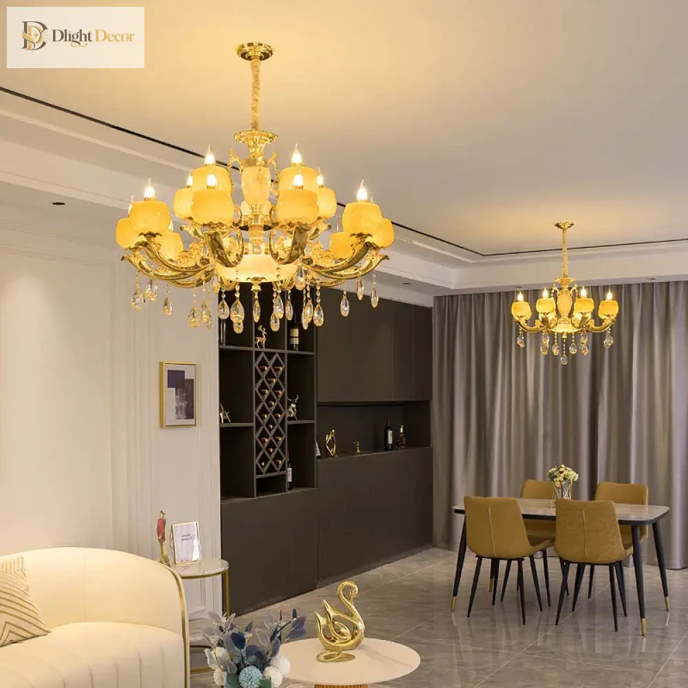 European Style Jade Crystal Chandelier - Luxury Lighting With Natural Marble Accents For Dining