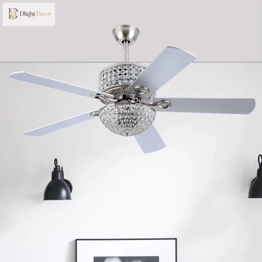 52 Inch Crystal Ceiling Fan With Lights Chrome Chandelier Remote Control Reversible Wood Blades For