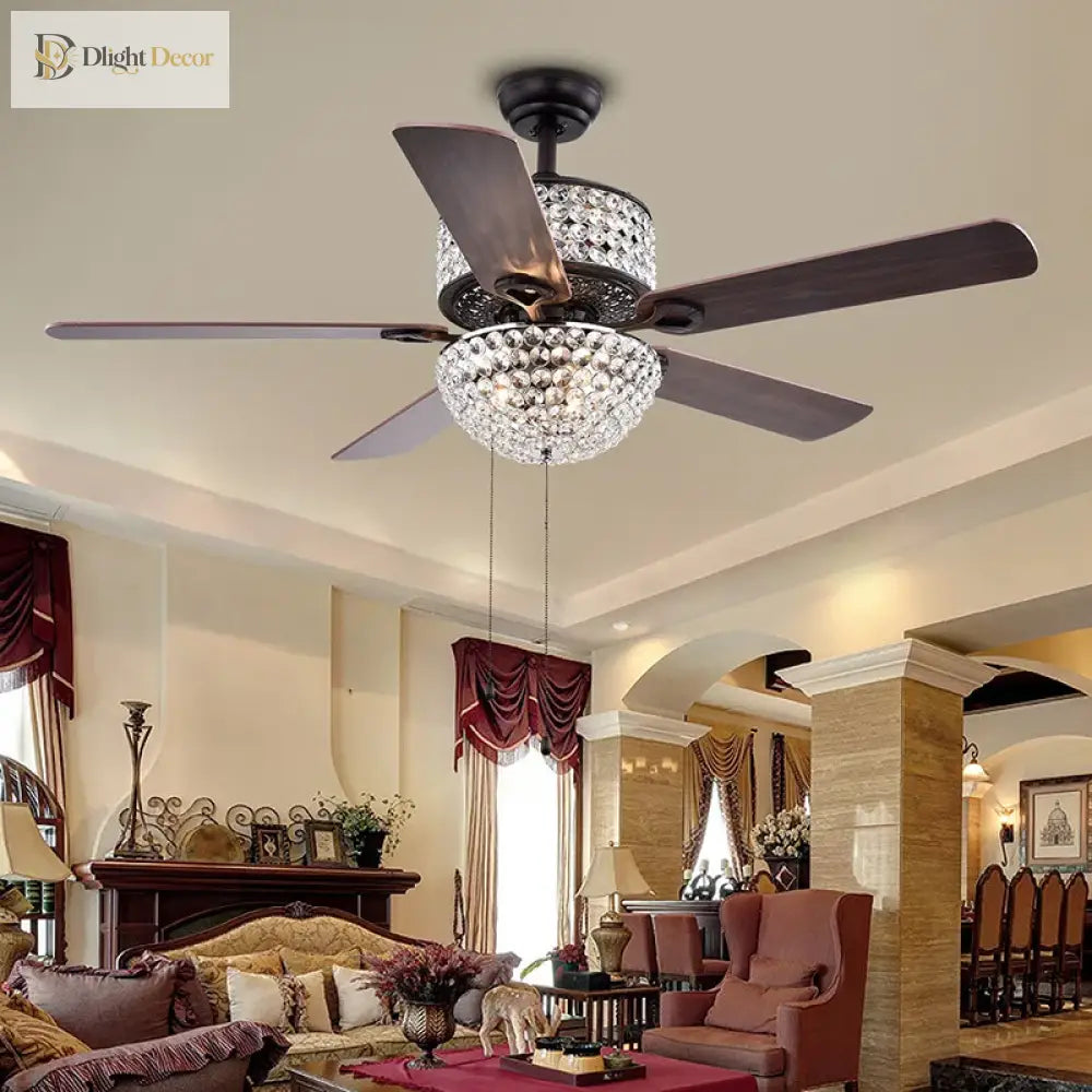 52 Inch Crystal Ceiling Fan With Lights Chrome Chandelier Remote Control Reversible Wood Blades For