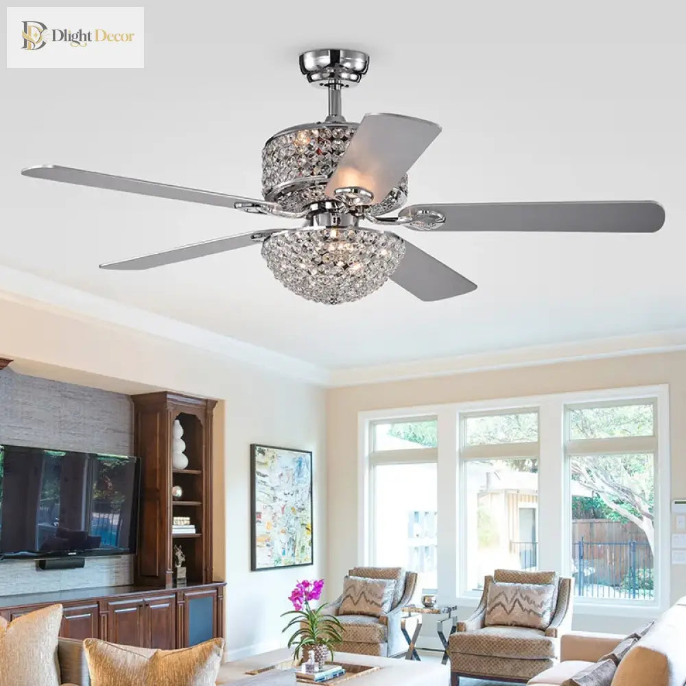 52 Inch Crystal Ceiling Fan With Lights Chrome Chandelier Remote Control Reversible Wood Blades For