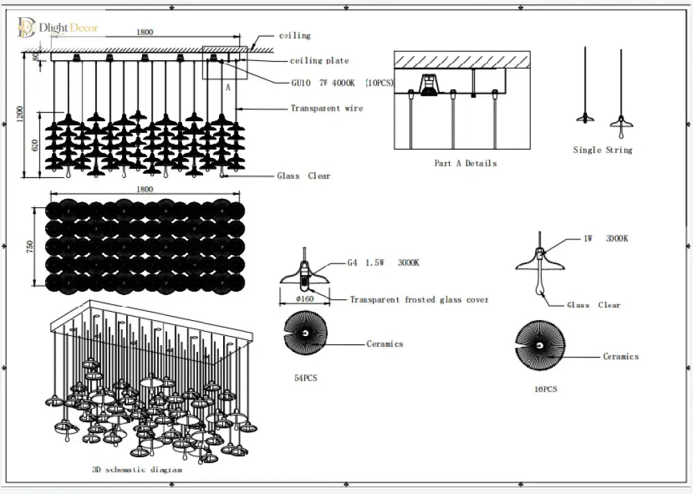 Ceramic chandelier layout diagram showing glass clear parts and ceramic shades