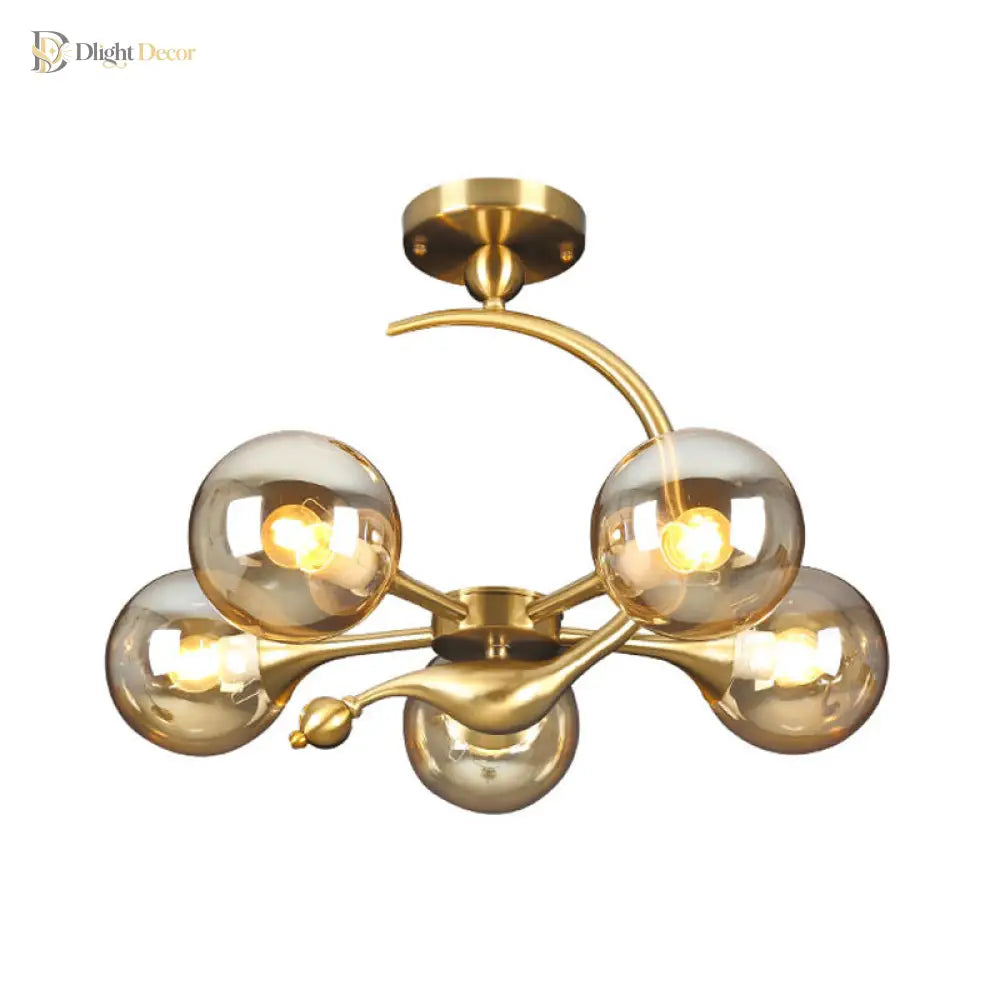 Daphne’s Mid - Century Charm: Amber Glass Orb Semi - Flush Chandelier Ceiling Light