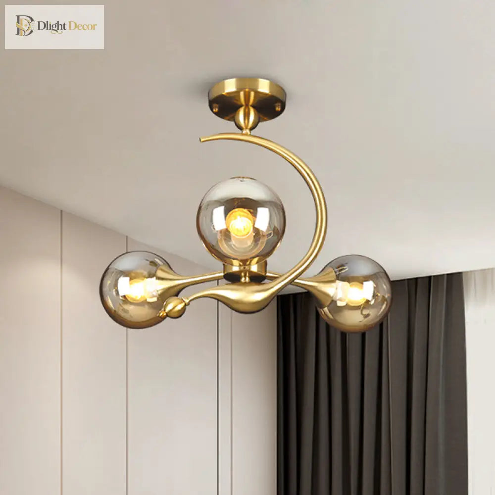 Daphne’s Mid - Century Charm: Amber Glass Orb Semi - Flush Chandelier Ceiling Light