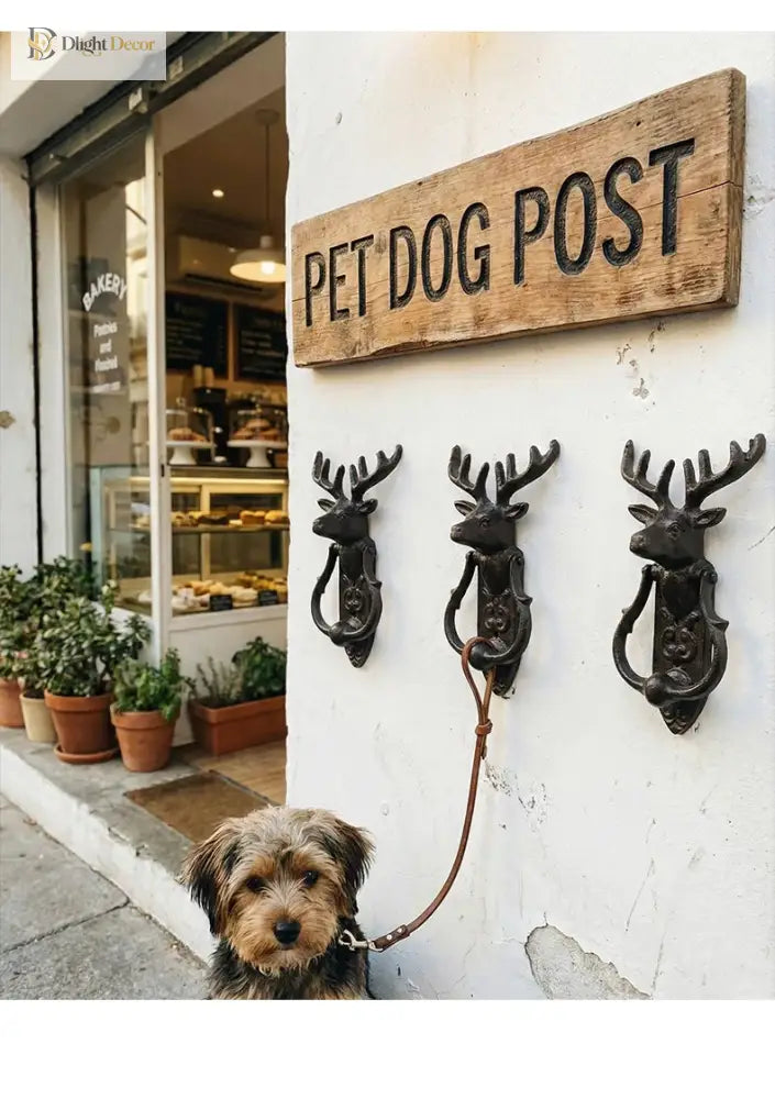 Three cast iron deer head door knockers mounted on a wall, side by side
