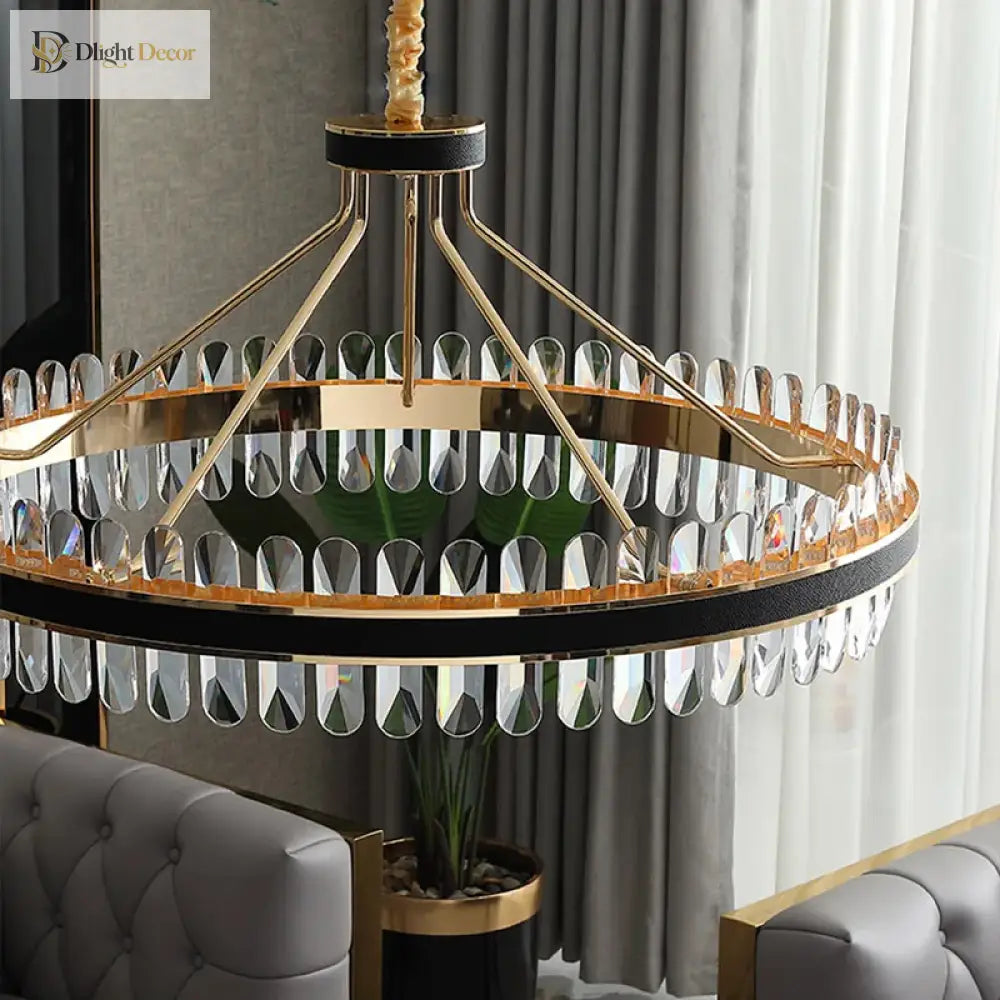 Dimmable Led Crystal Oval Ceiling Chandeliers - Black Leather Luxury Lustres For Dining Room Decor