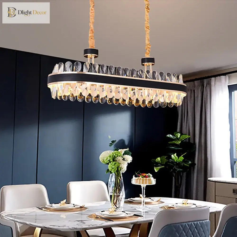 Dimmable Led Crystal Oval Ceiling Chandeliers - Black Leather Luxury Lustres For Dining Room Decor