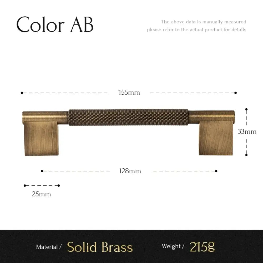 Cross-knurled cabinet handle, 155mm overall length, solid brass, square ends