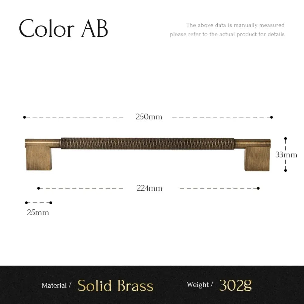 Cross-knurled cabinet handle, 250mm overall length, solid brass, square ends