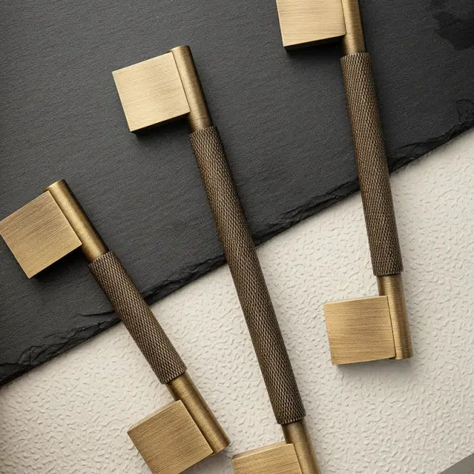 Antique brass cross-knurled cabinet pulls with square end plates