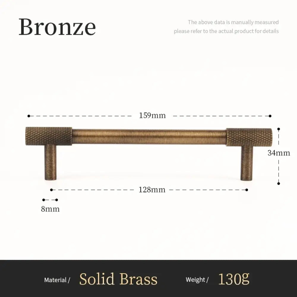 Solid brass cabinet pull, cross-knurled end grips, long bar, antique bronze finish