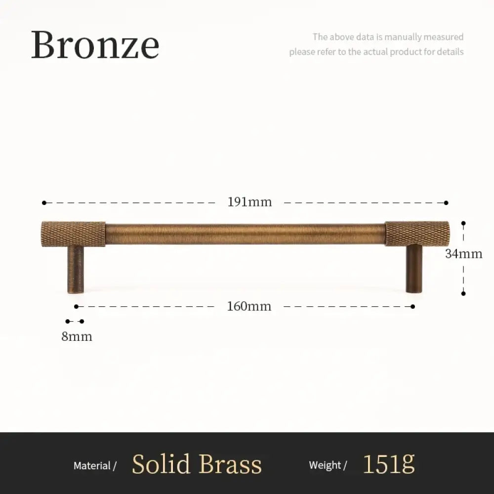 Bronze cabinet bar pull diagram, cross-knurled grip, 191mm length