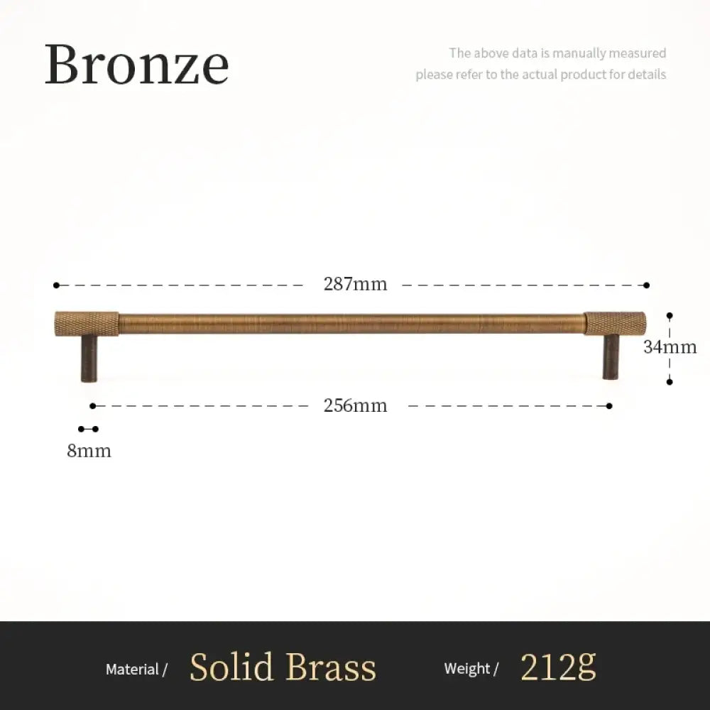 Solid brass cabinet pull, cross-knurled end caps, extra-long bar, antique bronze finish