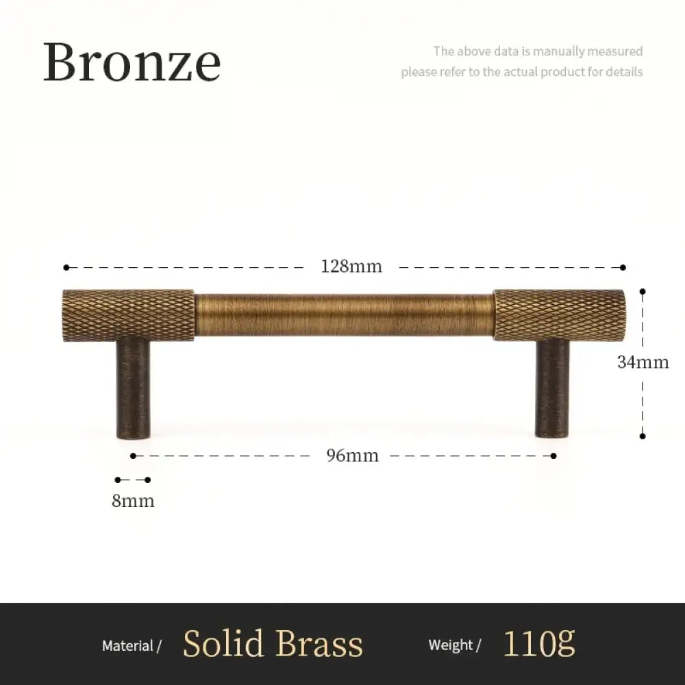 Bronze cabinet bar pull diagram, cross-knurled grip, 128mm length