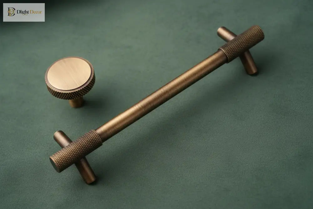 Antique brass cabinet pull with cross-knurled grip and short round end posts