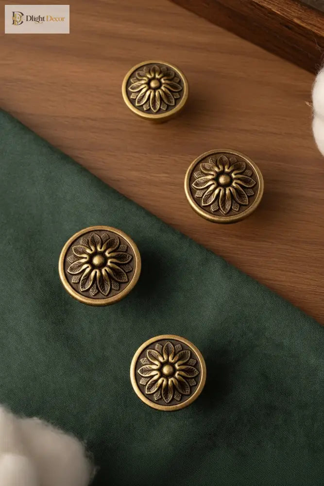 Floral cabinet knob handles, brushed brass round faces