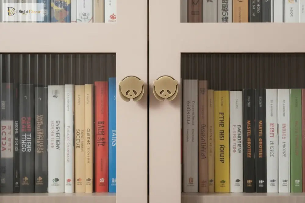 Brushed brass panda cabinet knobs mounted on cabinet doors among bookshelves