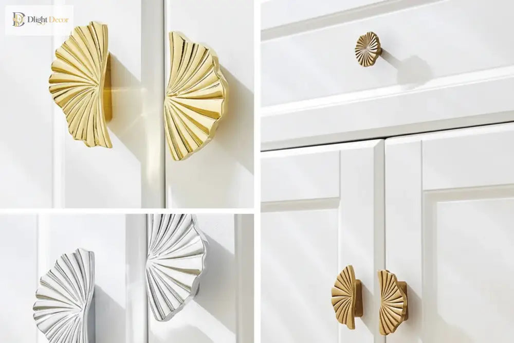Ruffled cabinet handles on white cabinet doors, shown in gold and bright silver finishes.