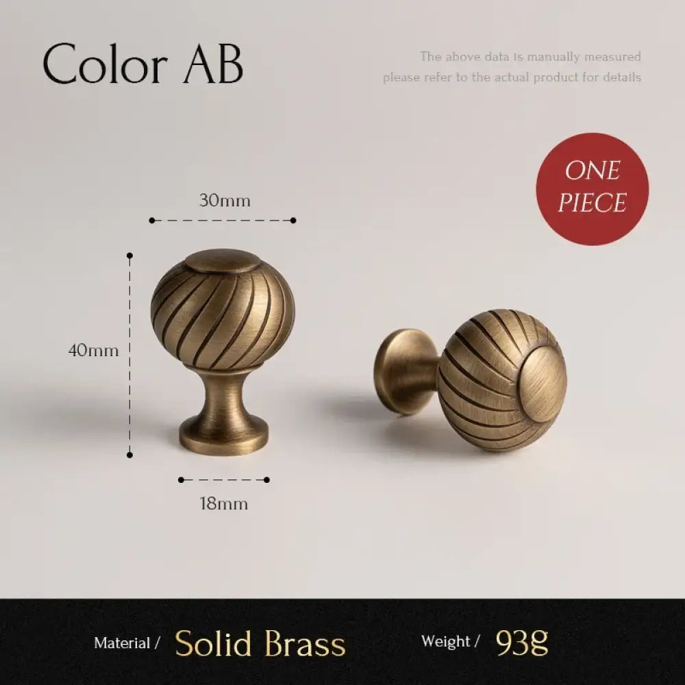 Solid brass ribbed ball cabinet knob set with 30mm height size diagram
