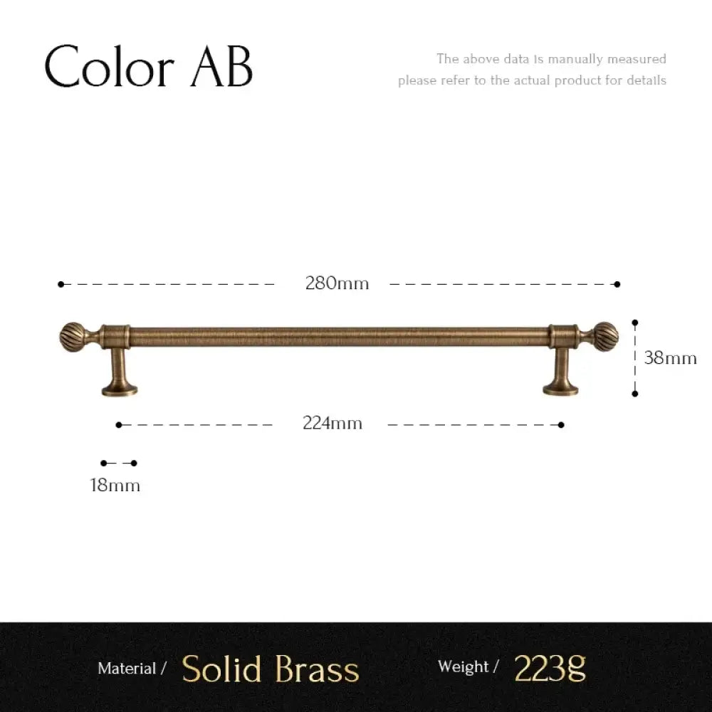 Solid brass straight cabinet handle with 224mm and 280mm measurement diagram