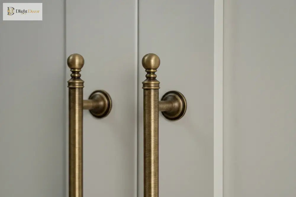 Brushed brass T-bar cabinet pull with round backplate and finial ends, wall mount