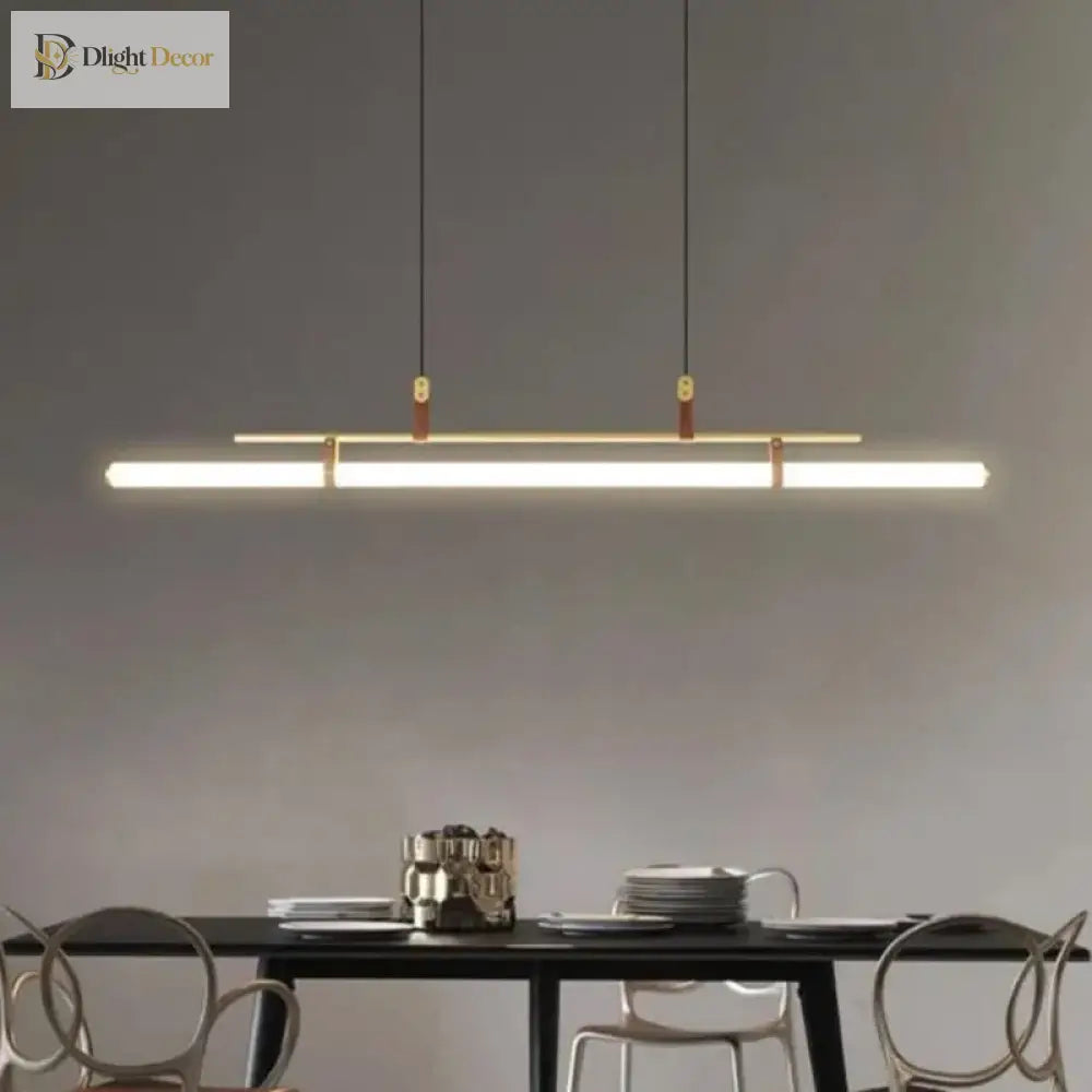 Eden Chandelier - Modern Long Tube Pendant Lamp In Black And Gold With Leather Accents For Kitchen