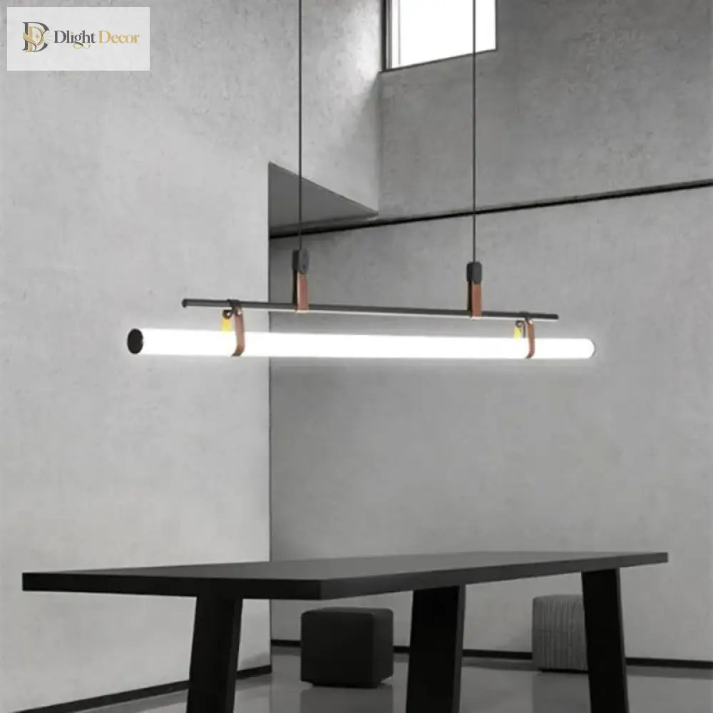 Eden Chandelier - Modern Long Tube Pendant Lamp In Black And Gold With Leather Accents For Kitchen