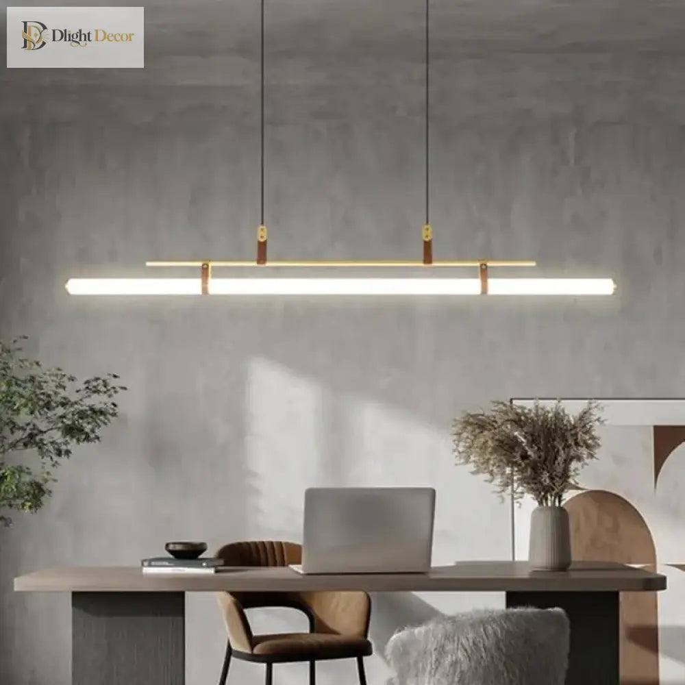 Eden Chandelier - Modern Long Tube Pendant Lamp In Black And Gold With Leather Accents For Kitchen