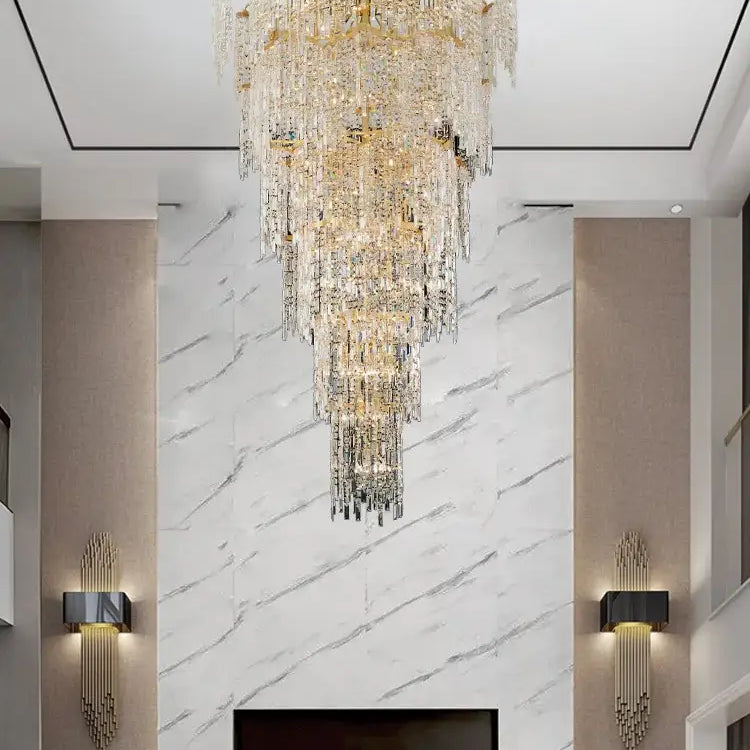 Elegant Golden Art Staircase Grand Chandelier - Luxury Crystal Illumination For Villa Halls With