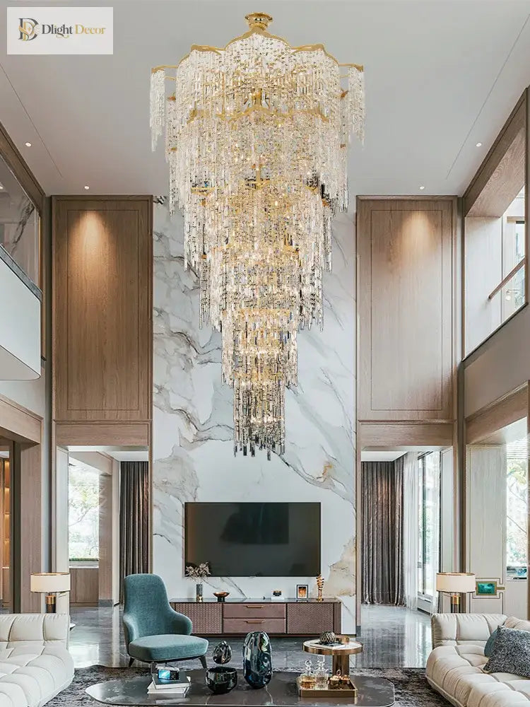 Elegant Golden Art Staircase Grand Chandelier - Luxury Crystal Illumination For Villa Halls With