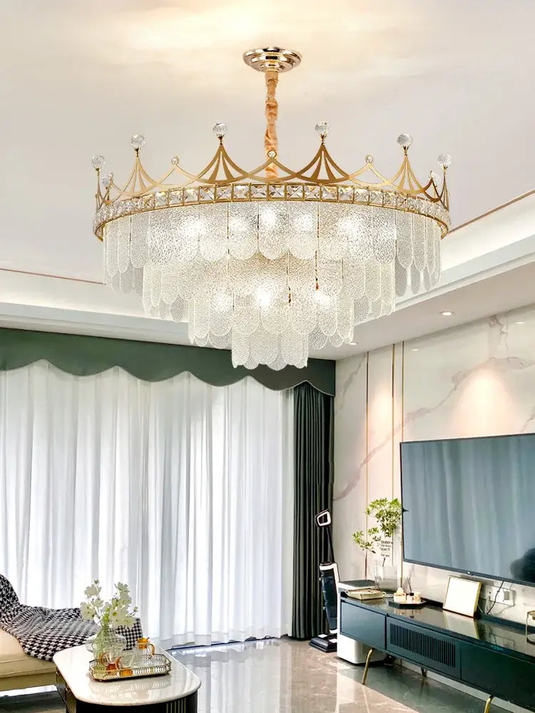 Elegant Modern Minimalist Crown K9 Crystal Chandelier - A Round Golden Fixture For Living Rooms And