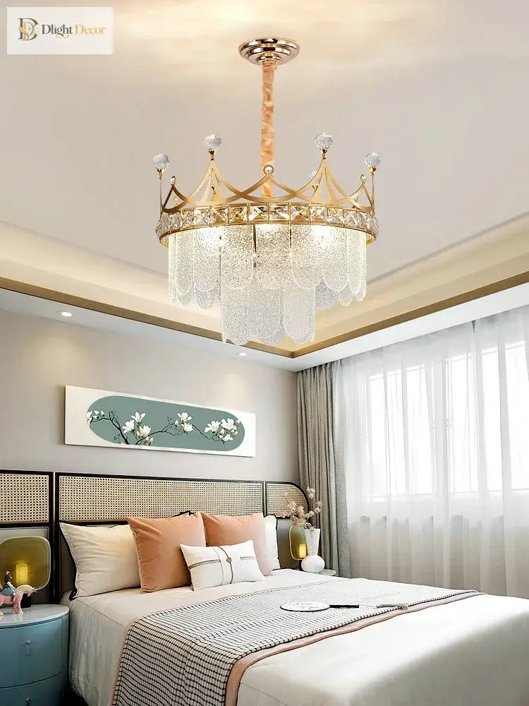 Elegant Modern Minimalist Crown K9 Crystal Chandelier - A Round Golden Fixture For Living Rooms And