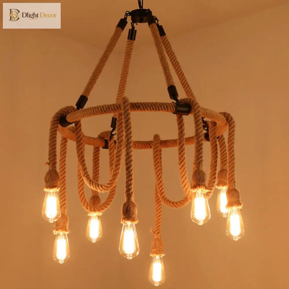 Embrace Exposed Bulb Elegance: The Antiqued Beige Hemp Rope Chandelier Pendant Lighting