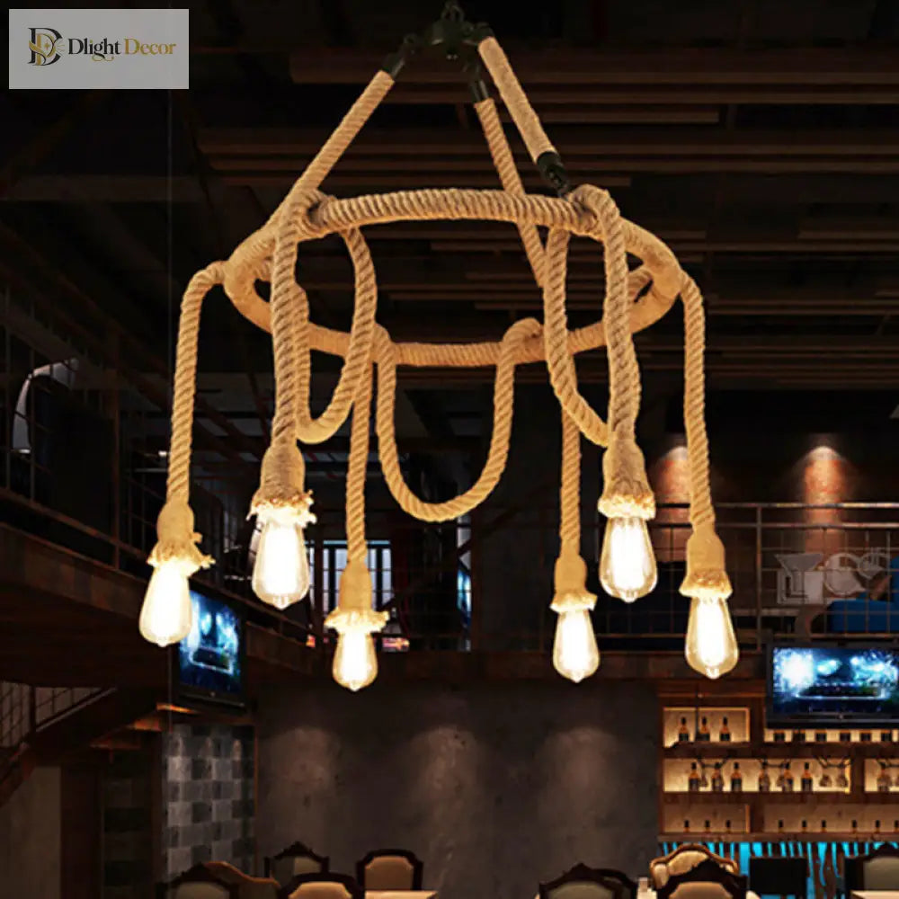 Embrace Exposed Bulb Elegance: The Antiqued Beige Hemp Rope Chandelier Pendant Lighting