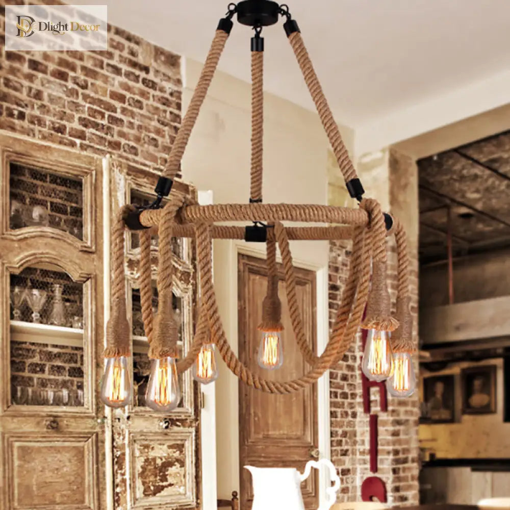 Embrace Exposed Bulb Elegance: The Antiqued Beige Hemp Rope Chandelier Pendant Lighting