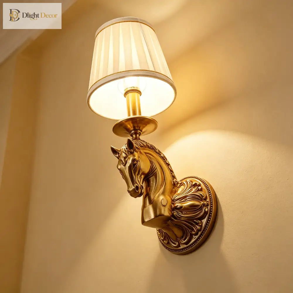 Decorative copper wall light with horse head relief and beige drum fabric shade