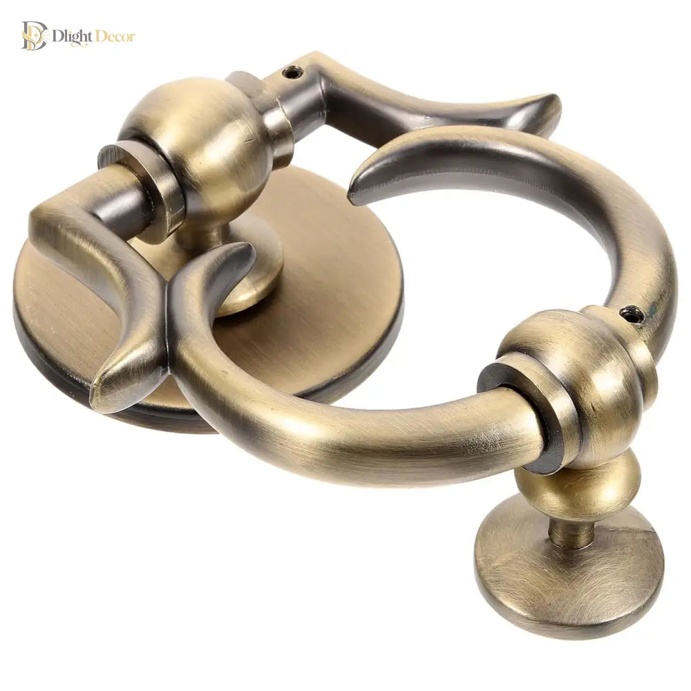 Vintage front door knocker handle, brushed bronze finish with curved ring and back plate
