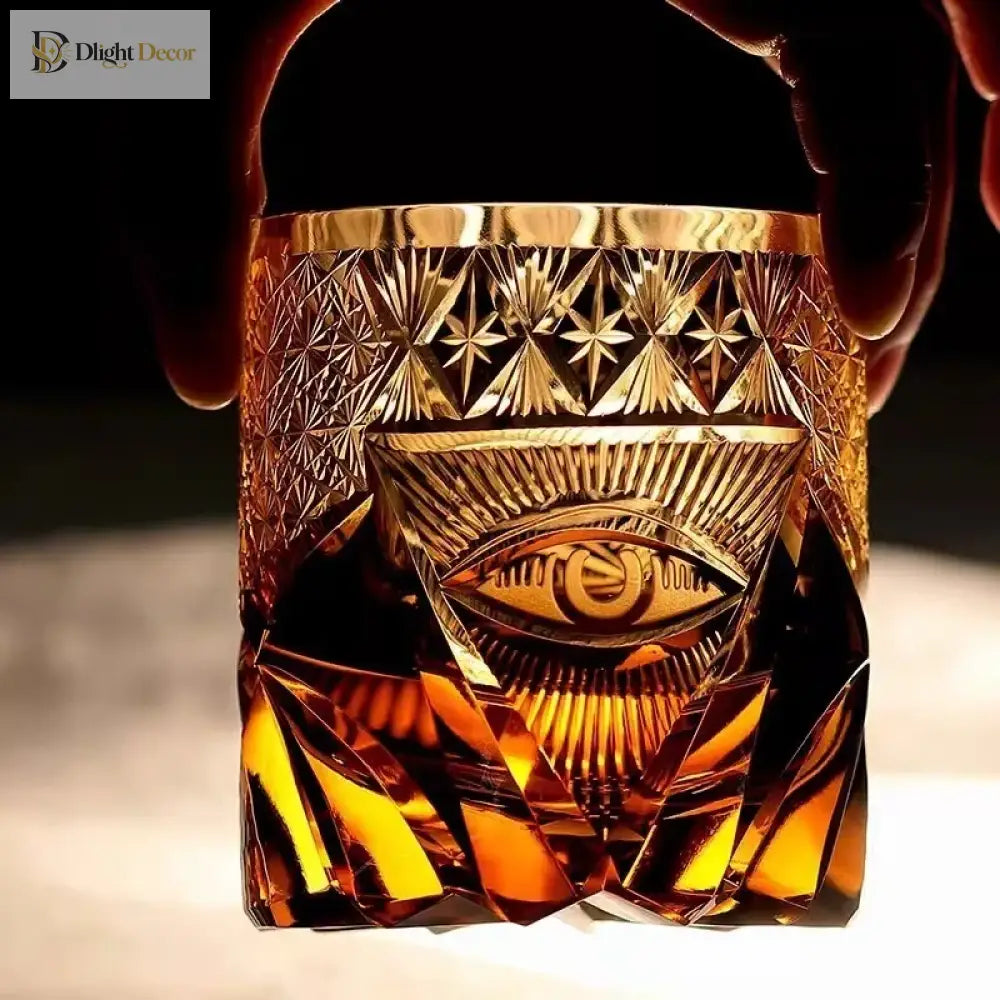 Amber-gold crystal tumbler with hand-engraved eye motif and vertical facet panels