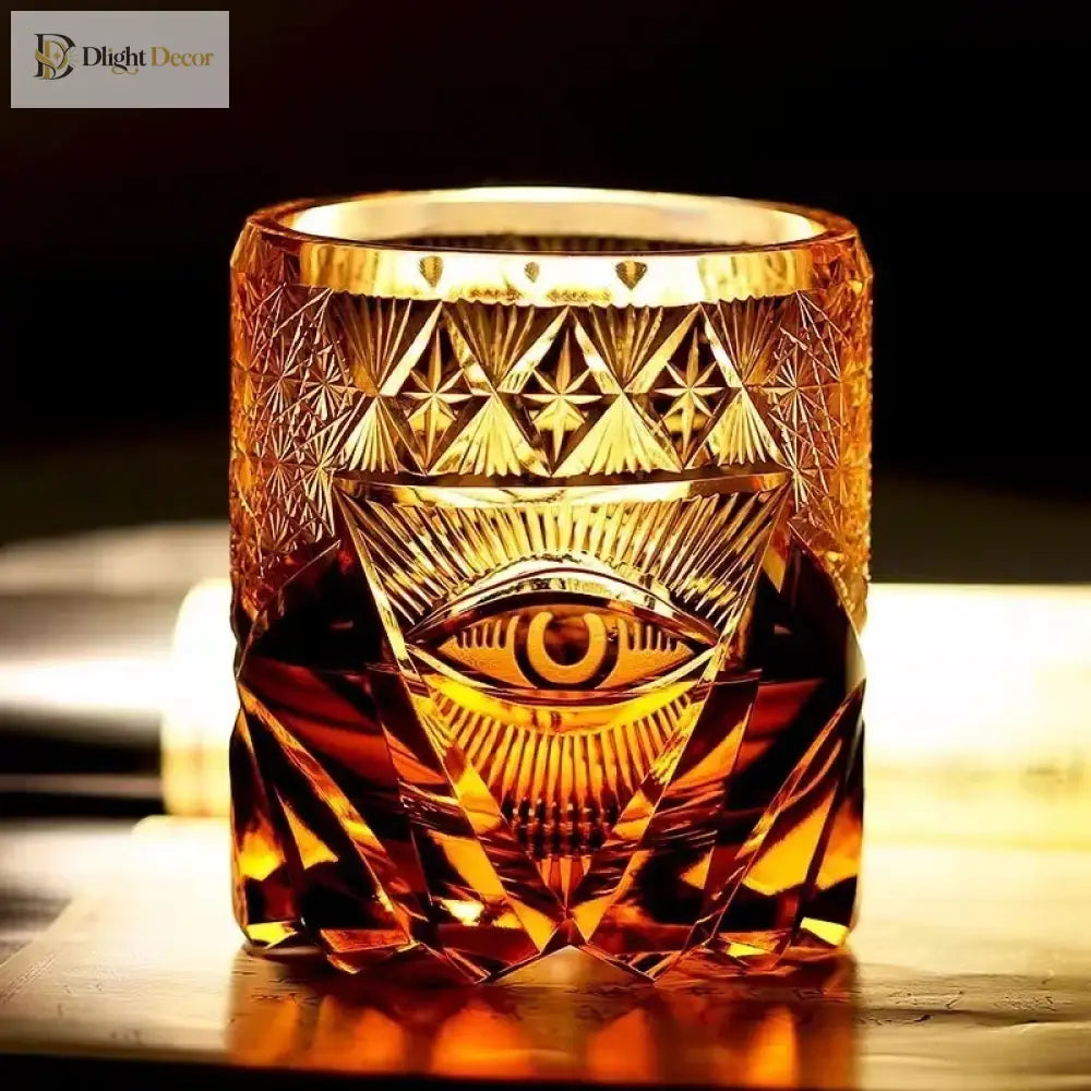 Amber-gold crystal old fashioned tumbler featuring a centered eye engraving and starcut pattern