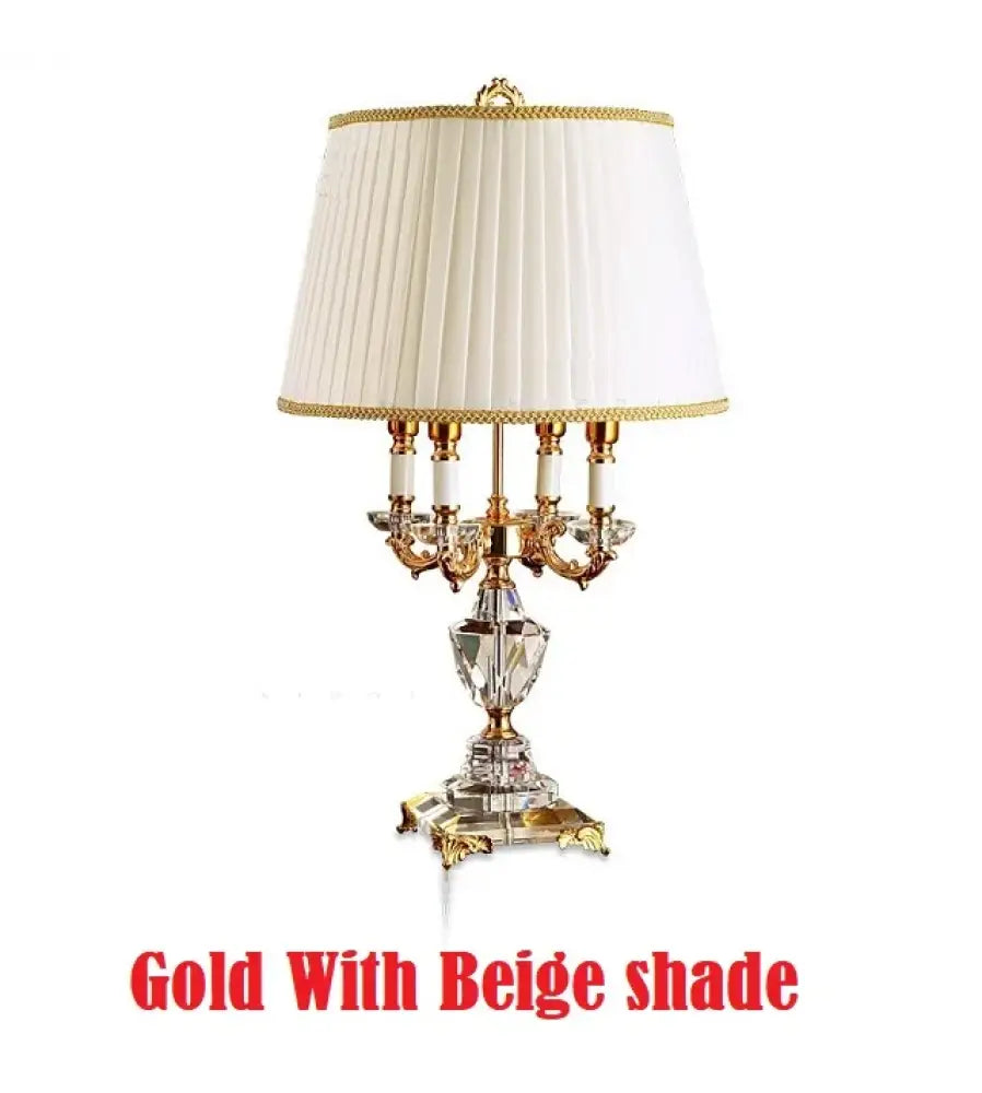 Gold-tone fabric LED desk lamp with beige shade and crystal base