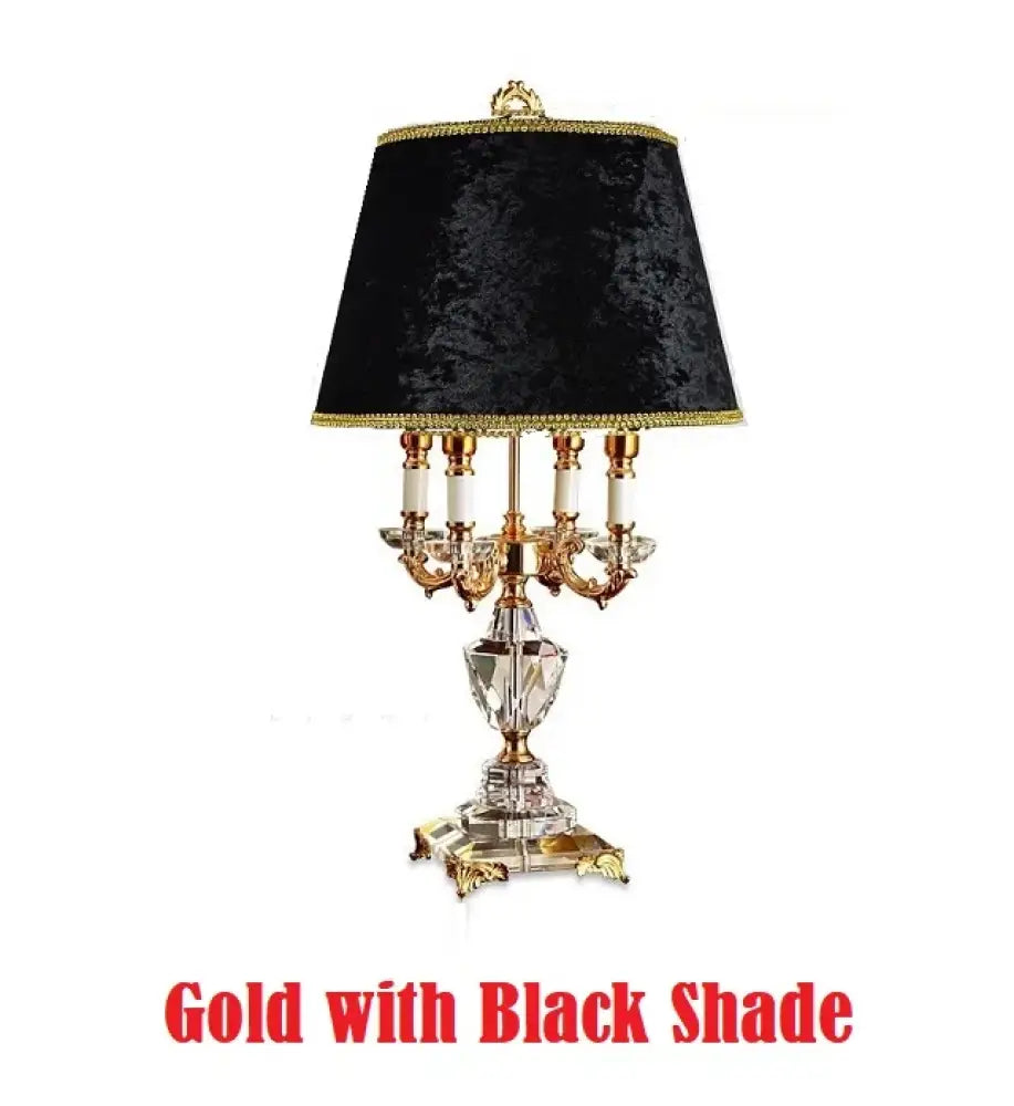 Gold-tone fabric LED desk lamp with black shade and crystal base